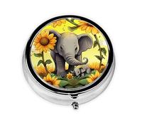Mother Elephant Sunflowers Pill Box Metal Round Small Pill Case Cute 3 Compartment Pill Organizer Portable Travel Pillbox Mini Pill Container Holder for Daily Medicine Supplement Vitamin