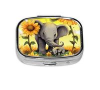 Mother Elephant Sunflowers Print Pill Box Square Pill Case 2 Compartment Small Metal Medicine Organizer Portable Travel Pillbox for Pocket Purse Cute Mini Pill Container to Hold Daily Vitamins
