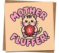 Mother Fluffer Cat D20 Dice Funny Greeting Card - 145mm x 145mm Square, Cute Gamer DnD Pun, Humor Birthday or Just Because, Blank Inside with Kraft Envelope