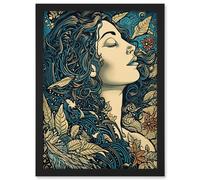 Mother Nature Modern Boho Art Nouveau Linocut Artwork Framed Wall Art Print A4 Artery8 Black One Size
