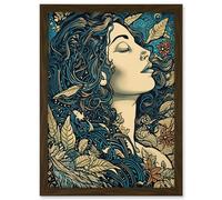 Mother Nature Modern Boho Art Nouveau Linocut Artwork Framed Wall Art Print A4 Artery8 Brown One Size