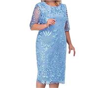 Mother of Bride Dresses for Wedding Elegant Embroidery Cocktail Midi Dress Plus Size 3/4 Sleeve Lace Dress Party Dresses for Women UK Clearance, Size L-5XL Blue