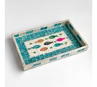 Mother of Pearl Inlay Serving Tray - Decorative Lacquer Wooden Rectangle Tray with Handles for Tea, Breakfast, Table or Kitchen Island Decor (Fish 2)