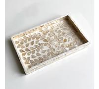 Mother of Pearl Inlay Serving Tray - Decorative Lacquer Wooden Rectangle Tray with Handles for Tea, Breakfast, Table or Kitchen Island Decor (Golden wicker)