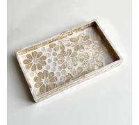 Mother of Pearl Inlay Serving Tray - Decorative Lacquer Wooden Rectangle Tray with Handles for Tea, Breakfast, Table or Kitchen Island Decor (Golden flowers)