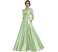 Mother of The Bride Dresses for Wedding 3/4 Sleeve Satin Lace Applique Long Evening Gown with Pockets Round Neck Ball(Light Green,26W)