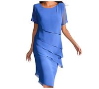 Mother of The Bride Dresses for Women UK, Layered Chiffon Midi Dress with Short Sleeves, Elegant Dresses for Older Women UK, Ideal for Weddings or Formal Events Blue