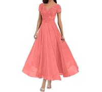 Mother of The Bride Dresses for Women's Chiffon Appliques V Neck Short Sleeves Tea Length Formal Evening Party Gowns Coral XL