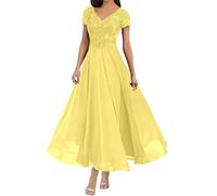 Mother of The Bride Dresses for Women's Chiffon Appliques V Neck Short Sleeves Tea Length Formal Evening Party Gowns Lemon Yellow L