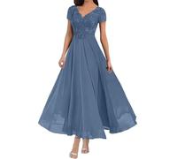 Mother of The Bride Dresses for Women's Chiffon Appliques V Neck Short Sleeves Tea Length Formal Evening Party Gowns Dusty Blue 3XL