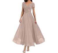 Mother of The Bride Dresses for Women's Chiffon Appliques V Neck Short Sleeves Tea Length Formal Evening Party Gowns Taupe L