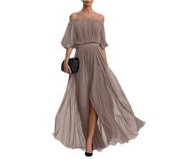 Mother of The Bride Dresses, Women's Summer Off The Shoulder Flowy Chiffon Lantern Sleeve Formal Wedding Guest Dresses Maxi Side Split Bridesmaid Dress Birthday Gifts for Women,Khaki,L,u1015k