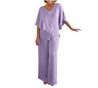 Mother of the Bride Outfits, Elegant 2 Piece Outfits Women's Trouser Suits Satin Two Piece Set Outfits Short Sleeve Flowy Tops Elastic Waisted Wide Leg Trousers Plus Size Sets Summer Lounge Sets