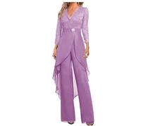 Mother of The Bride Pants Suit Set 2 PC Chiffon & Lace Wedding Guest Outfit ith Rhinestone 3/4 Sleeves Lilac 16