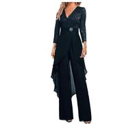 Mother of The Bride Pants Suit Set 2 PC Chiffon & Lace Wedding Guest Outfit ith Rhinestone 3/4 Sleeves Navy 14