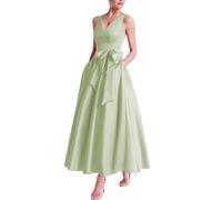 Mother of The Bride Tea Length Dress V Neck Prom Dresses Satin Bow Formal Evening Party Gowns of Women‘s with Pockets Sage Green XL