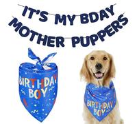Mother Puppers Bandana Banner Set - Triangle Dog Scarfs & Banners for Medium Dogs - It's My Bday (Blue, M)