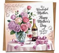 Mother’s Day Card for Mum - 145mm x 145mm Square Greeting Card with Kraft Envelope, Floral Roses & Hydrangea Design with Wine and Gift, “To a Wonderful Mother, Happy Mother’s Day”