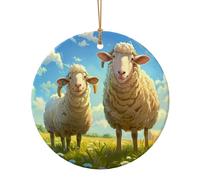 Mother Sheep and Little Sheep in The Meadow Round Shaped Ceramic Pendants, Christmas Tree Ornaments, Ceramic Ornaments for Festive Decor