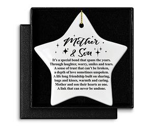 Mother & Son Christmas Ornament Gift, A Depth of Love Sometimes Unspoken, Birthday Mother's Day Keepsake Ornament Gift for Son Mom, Christmas Tree Star Shape Ceramic Ornament Decor