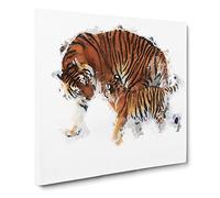 Mother Tiger & Cub in Winter in Abstract Modern Canvas Wall Art Print Ready to Hang, Framed Picture for Living Room Bedroom Home Office Décor, 14x14 Inch (35x35 cm)