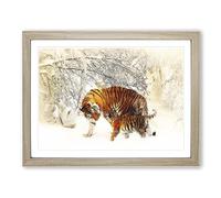 Mother Tiger & Cub In Winter Painting Modern Art Framed Print | A2 Oak Framed Wall Art | Ready to Hang | Modern Animal Picture | Living Room Bedroom Lounge Office