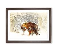 Mother Tiger & Cub In Winter Painting Modern Art Framed Print | A4 Walnut Framed Wall Art | Ready to Hang | Modern Animal Picture | Living Room Bedroom Lounge Office