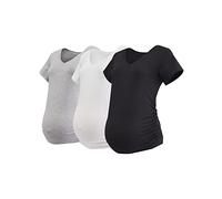 Motherhood Maternity Women's Short Sleeve Side Ruched V-Neck Pregnancy T-Shirt, Black, White, Heather Grey 3 Pack, L