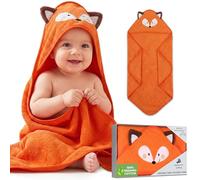 Mother's Choice Baby Poncho with Hood - Organic Cotton 84x84 cm Ultra Soft & Absorbent Bath Wearable for Newborns, Infants, 3D Orange Fox Design