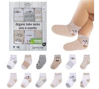 Mother's Choice Organic Cotton Baby Socks, 12 Pairs, Unisex 0-6 Months - Soft, Hypoallergenic Newborn & Infant Socks - Baby Girl & Boy Gifts (Brown - Grey - White)