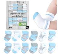 Mother's Choice Organic Cotton Baby Socks, 12 Pairs, Unisex 0-6M - Soft, Hypoallergenic Newborn & Infant Socks - Baby Girl & Boy Gifts (UK, Age, 0 Months, 6 Months, Blue - Gray - White)