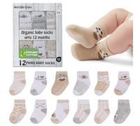 Mother's Choice Organic Cotton Baby Socks 6-12 Months, 12 Pairs Unisex Anti Slip - Soft & Hypoallergenic Baby Girl & Boys Socks (US, Age, 6 Months, 12 Months, Brown)