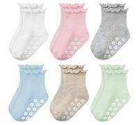 Mother's Choice Organic Cotton Baby Socks 6 Pairs 1-3 Years Non-Slip Grip Socks for Infants & Toddlers, Soft Breathable Anti-Skid Socks with Cute Ruffle Design