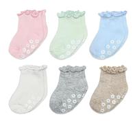 Mother's Choice Organic Cotton Blend Baby Socks 6 Pairs (6-12 Months) - Non-Slip Grip Socks for Infants & Toddlers, Soft Breathable Anti-Skid Socks with Cute Ruffle Design for Baby Girls & Boys