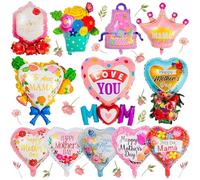 Mothers Day Balloons, Mothers Day Decorations, 12/24 PCS Large Size Heart Shaped Bouquet Happy Mothers Balloons, Mum Balloon For Mom Birthday Party Decoration Supplies (12)