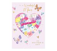 Mother's Day Card, Floral Heart Design with Butterflies, Gold Foil Text, To a Wonderful Mum
