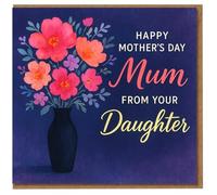Mother's Day Card for Mum from Daughter - Elegant Floral Vase Design with Pink Blooms and Heartfelt Greeting
