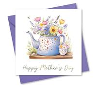 Mother's Day Card for Mum. Teapot with Flowers Design. Mothers Day Card with gold foil and matching purple envelope. Size 150x150mm when folded.