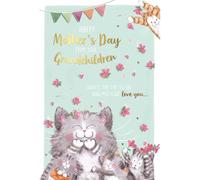 Mother's Day Card from Grandchildren, Cute Cat Design with Pink Flowers and Bunting