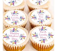 Mother's Day Cupcake Toppers - Pre Cut - Floral Watercolour Mothers Cake Decorations - 4cm x 24 - Icing or Wafer (Edible Icing)