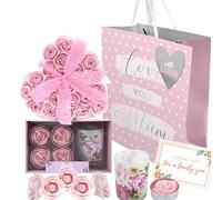 Mothers Day Gift for Mum - 24 Pink Rose Soap Flower Heart Box, Votive Candle Gift Set, Gift Bag and Card - Bath Gifts Set for Mummy, Mothers Day Pamper Hamper for Mum, Wife, Grandma