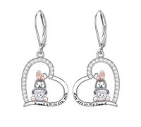 Mother's Day Gift Rabbit Earrings for Women, Easter Heart, White Birthstone, Rabbit Earrings, Eggs, Dangle Drops, Sterling Silver, Animal Bunny, Rabbit, Ideal Mother's Day Gift for Mom