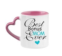 Mother's Day Gift, Super Shining Day, Birthday Best Bonus Mom Ever, Gift for Mum, Mummy, Mom Coffee Tea Mug 11oz Heart Handle Ceramic Mug. (Pink)