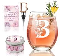 Mothers Day Gifts for Mom, Personalized Initial Wine Glass with Candle & Wine Stopper - Custom Monogram Letter Gift for Women, Unique Bridesmaid, Birthday, Wedding, Engagement Gift for Her (B)