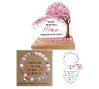 Mothers Day Gifts for Mum, Mum Birthday Gifts, Cherry Blossom Keepsake Set | Unique Present from Daughter & Son, Pink Zebra Jasper Beaded Hand Chain, Cherry Keychain, Acrylic Plaque, Christmas Keepsake
