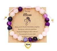 Mother's Day Jewelry,Natural Stone Beaded Bracelet Birthday Gifts for Mom, Mom Heart Charms Adjustable String Bracelets for Mum from Son or Daughter With Massage Card and Box Y3701-4D, Stone, crystal