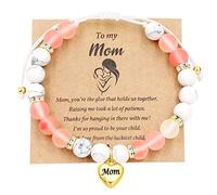Mother's Day Jewelry,Natural Stone Beaded Bracelet Birthday Gifts for Mom, Mom Heart Charms Adjustable String Bracelets for Mum from Son or Daughter With Massage Card and Box Y3701-4D, Stone, crystal