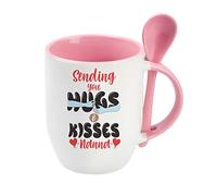 Mother's Day Sending You Hugs and Kisses Nanna Coffee Tea Daily use Mug Valentine's Day Birthday Party gage Keepsake Unique Ceramic Cup Spoon Mug. (Pink Spoon)
