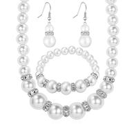 Mothers Day Silver Pearl Rhinestone Set Natural Freshwater Pearl Necklace Set Includes Stunning Necklace Bracelet And Earrings Jewelry Gift For Women (Silver, One Size)