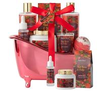 Mother's Day Spa Gift Set Wellness Baskets with Red Roses and Tulips for Women Men Contains Essential Oil, Bubble Bath, Body Lotion, Bath Salts, Candle
